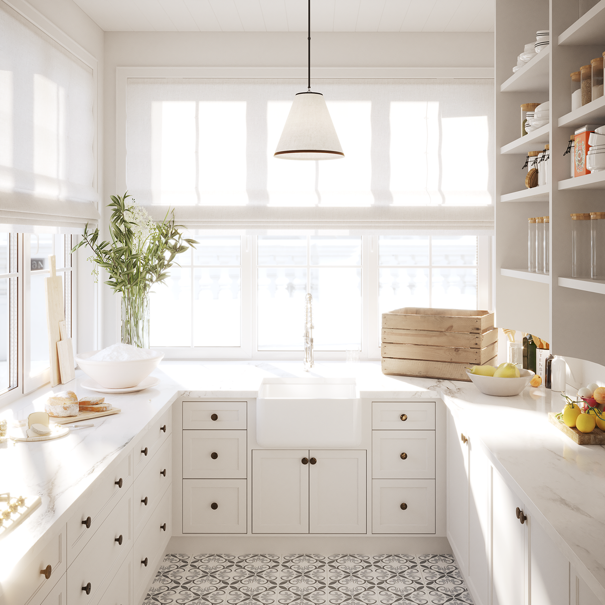 Luca Conical Pendant Light Fabric hanging shade shown in a bright sun-drenched butlers pantry with white cabinetry and wall to wall windows