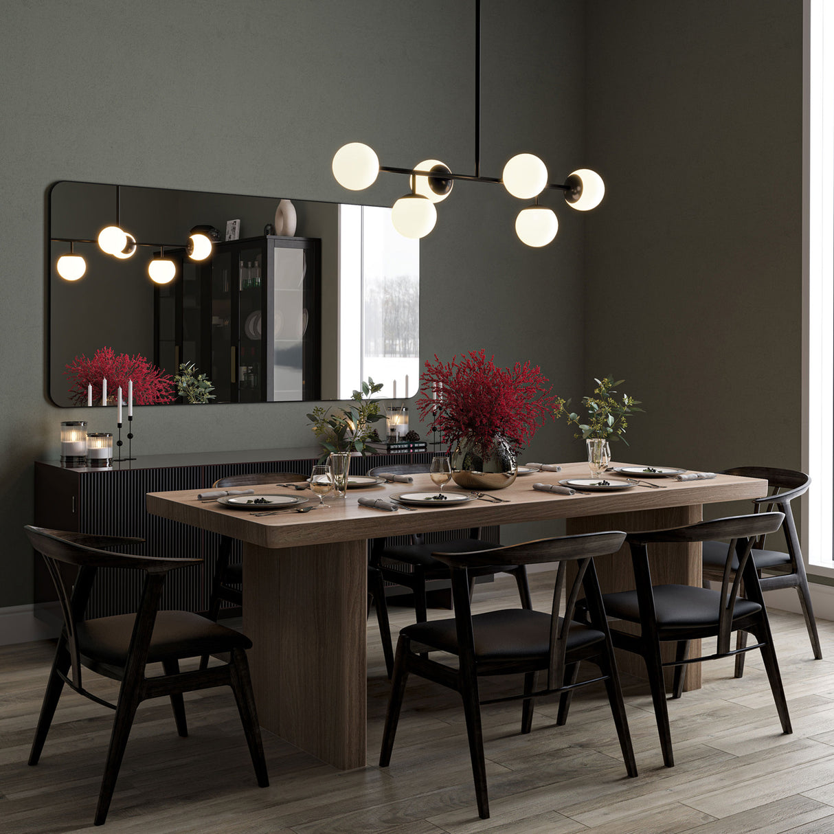 Castell 6 Globe Linear Mid-Century Modern LED Pendant, Matte Black Finish with Opal White Glass Globes, in a modern and moody dining room with dark teal walls and black furniture.