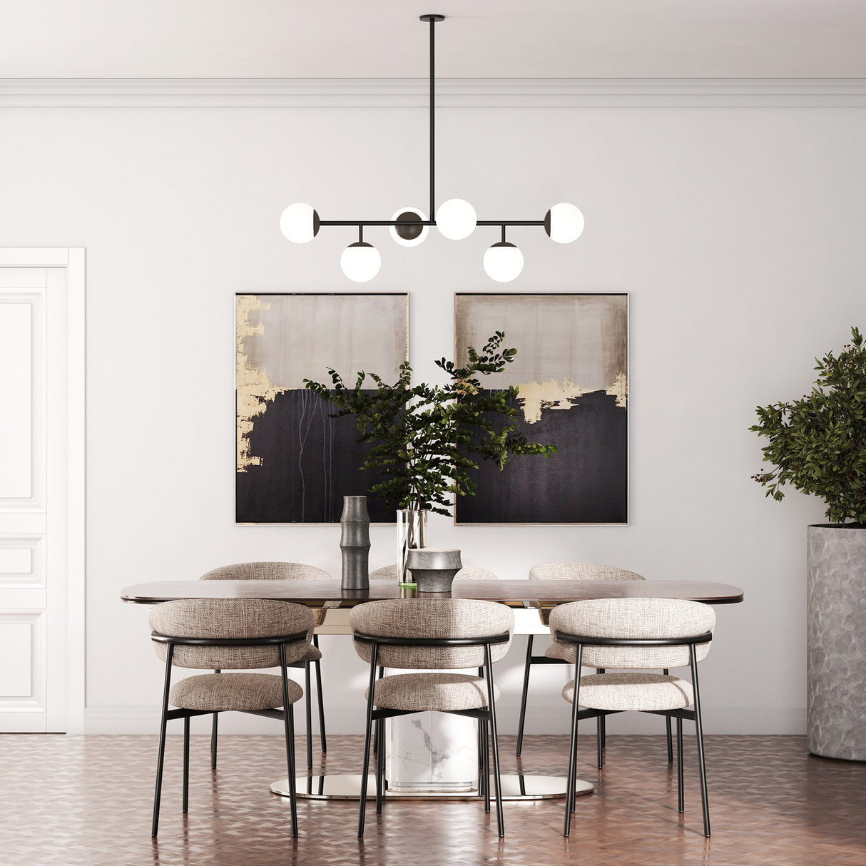 Castell 6 Globe Linear Mid-Century Modern LED Pendant, Matte Black Finish with Opal White Glass Globes, hung in a dining room with modern art and crown moldings.