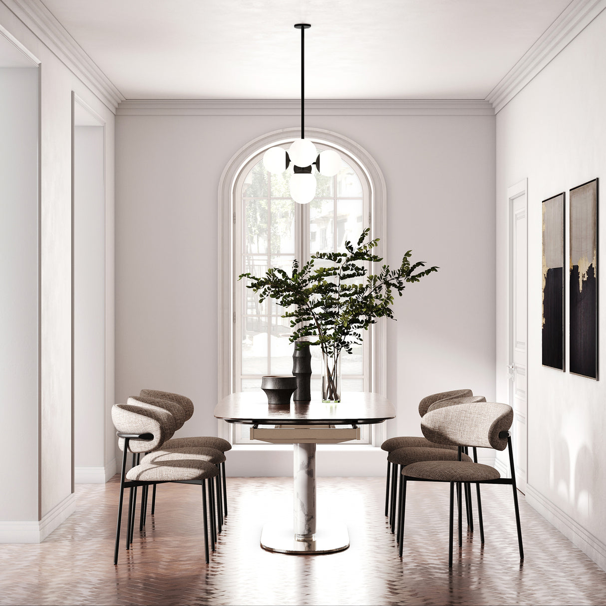 Castell 6 Globe Linear Mid-Century Modern LED Pendant, Matte Black Finish with Opal White Glass Globes, side view of dining room with modern art and crown moldings.
