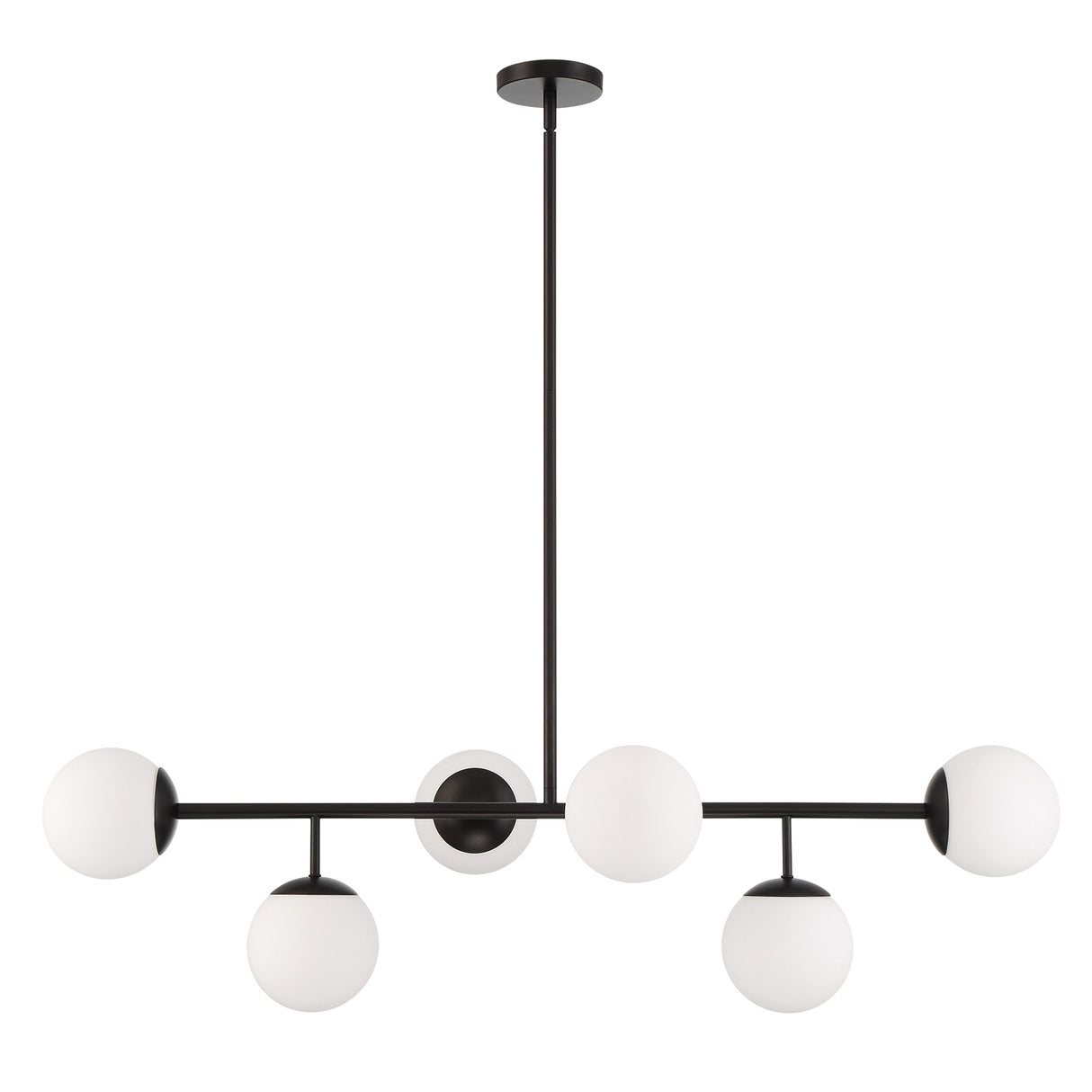 Castell 6 Globe Linear Mid-Century Modern LED Pendant, Matte Black Finish with Opal White Glass Globes, front view lights off