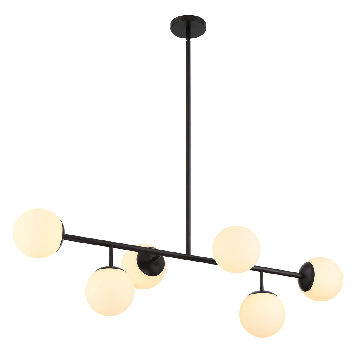 Castell 6 Globe Linear Mid-Century Modern LED Pendant, Matte Black Finish with Opal White Glass Globes, three-quarter view lights on