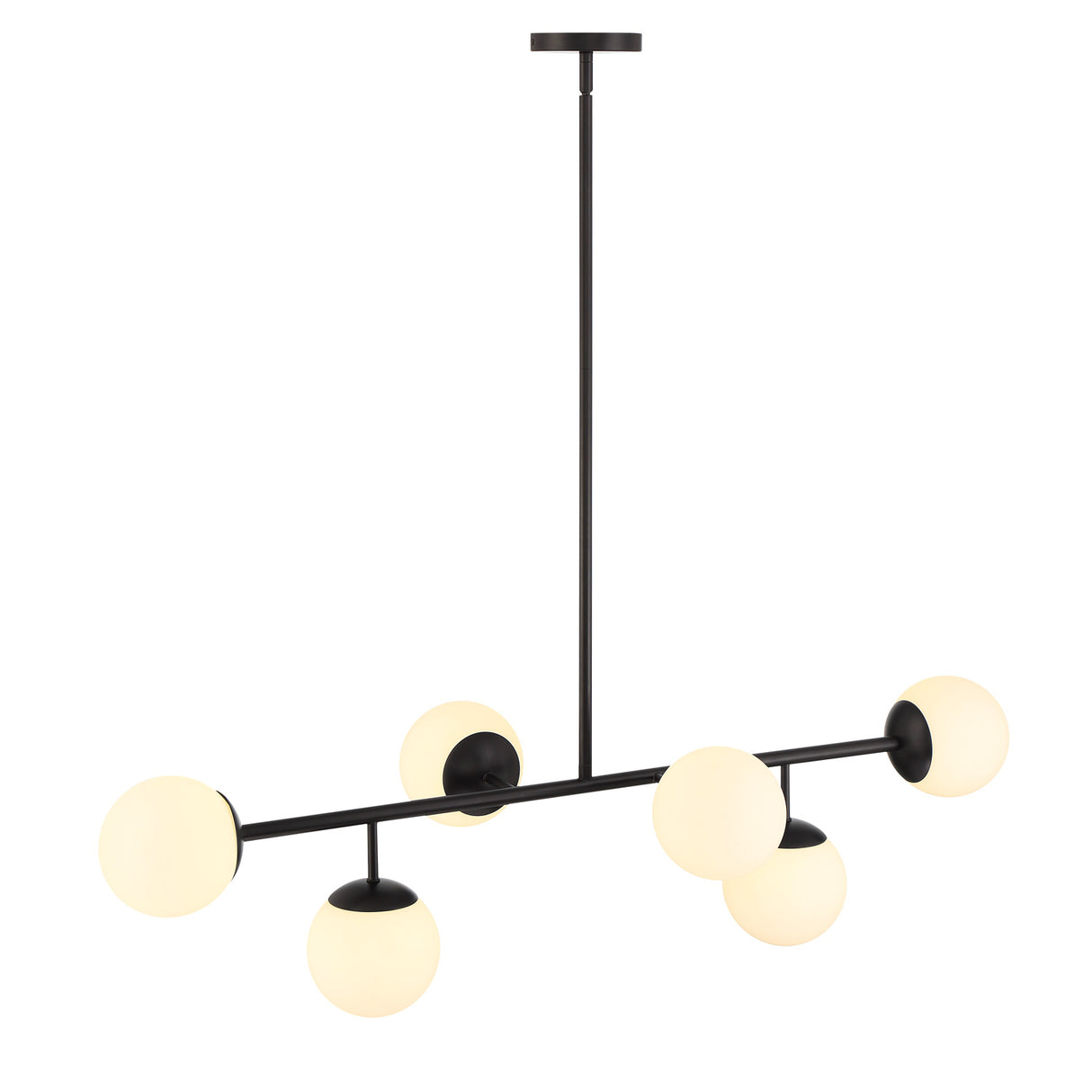 Castell 6 Globe Linear Mid-Century Modern LED Pendant, Matte Black Finish with Opal White Glass Globes, above view lights on