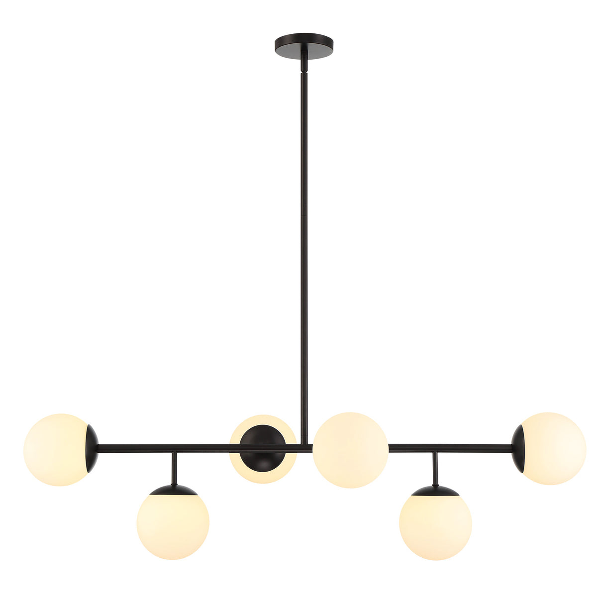Castell 6 Globe Linear Mid-Century Modern LED Pendant, Matte Black Finish with Opal White Glass Globes, front view lights on