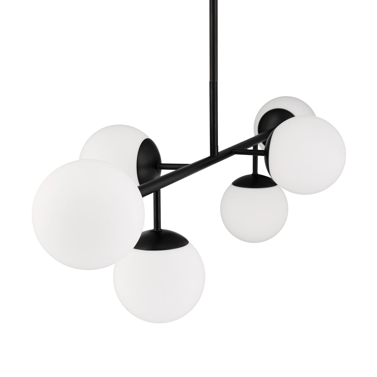 Castell 6 Globe Linear Mid-Century Modern LED Pendant, Matte Black Finish with Opal White Glass Globes, close-up lights off
