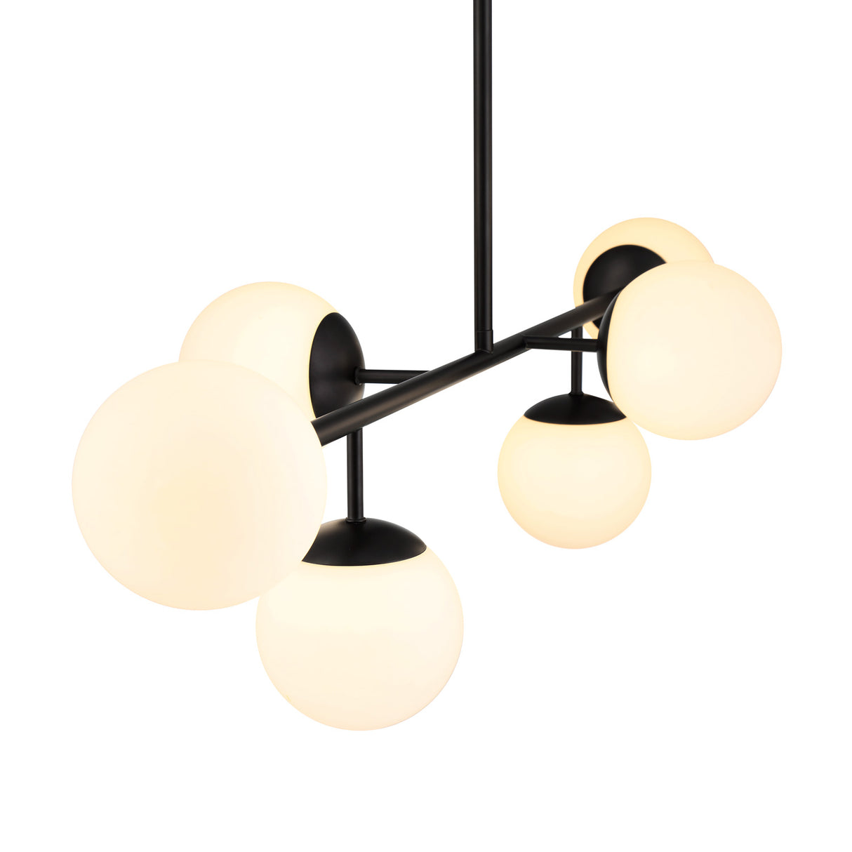 Castell 6 Globe Linear Mid-Century Modern LED Pendant, Matte Black Finish with Opal White Glass Globes, close-up lights on