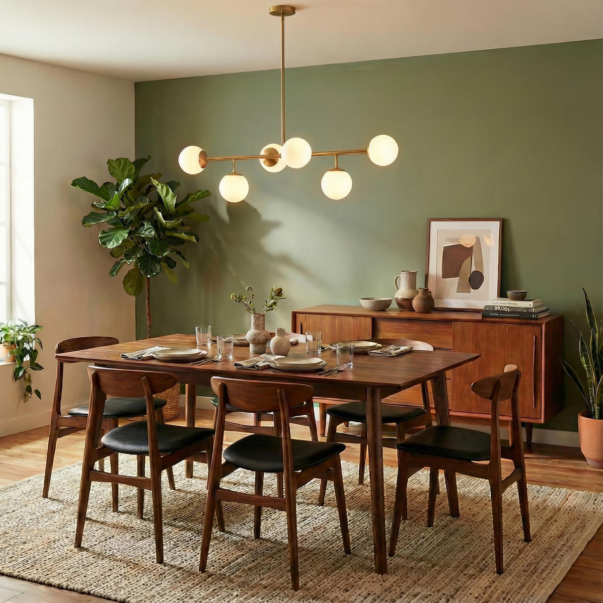 Castell 6 Globe Linear Pendant 46", Brass globe linear pendant in a Mid-Century Dining Room with a wooden dining table and green accent wall.