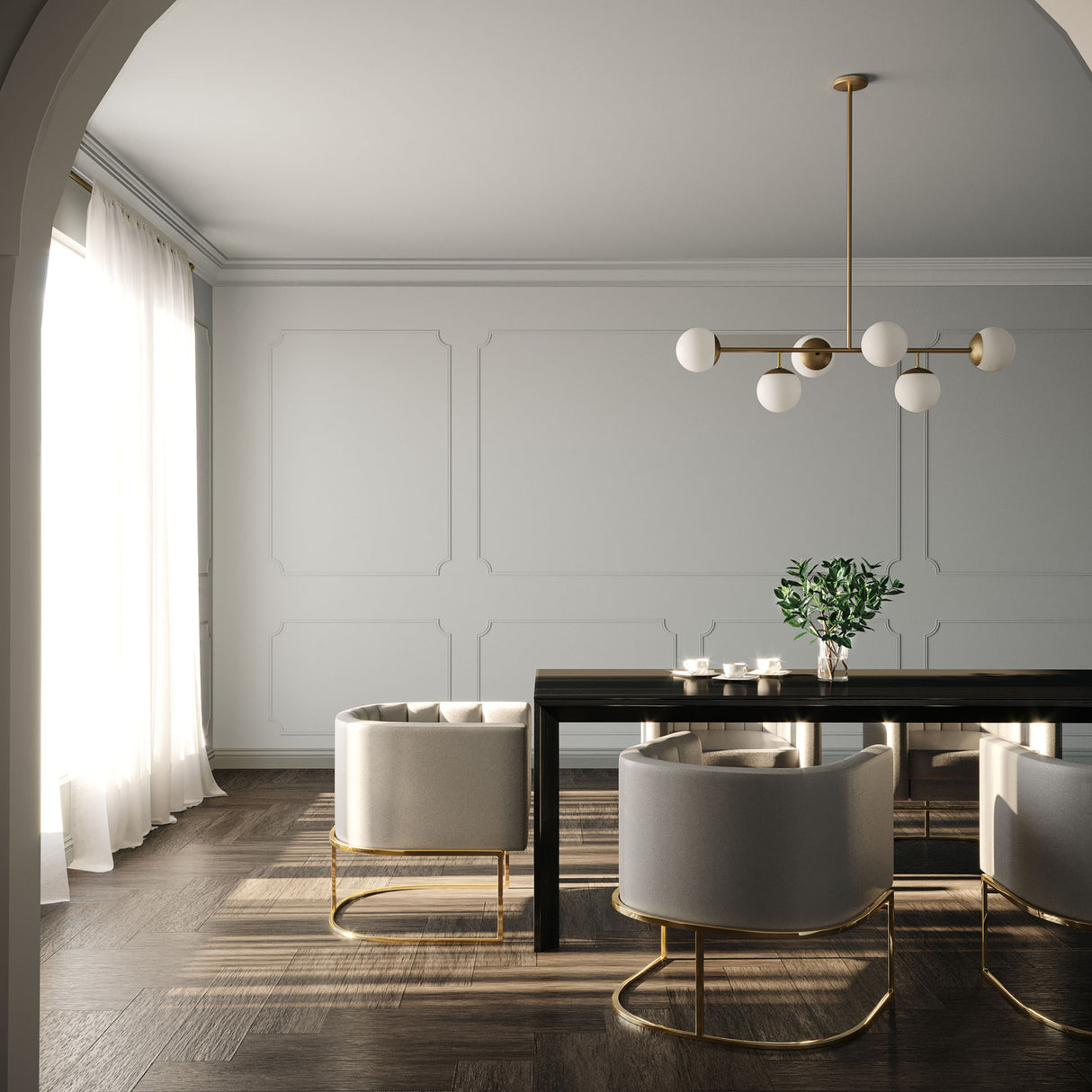 Castell 6 Globe Linear Mid-Century Modern LED Pendant, Aged Brass Finish with Opal White Glass Globes, shown in a contemporary dining room with grey walls and crown moldings.