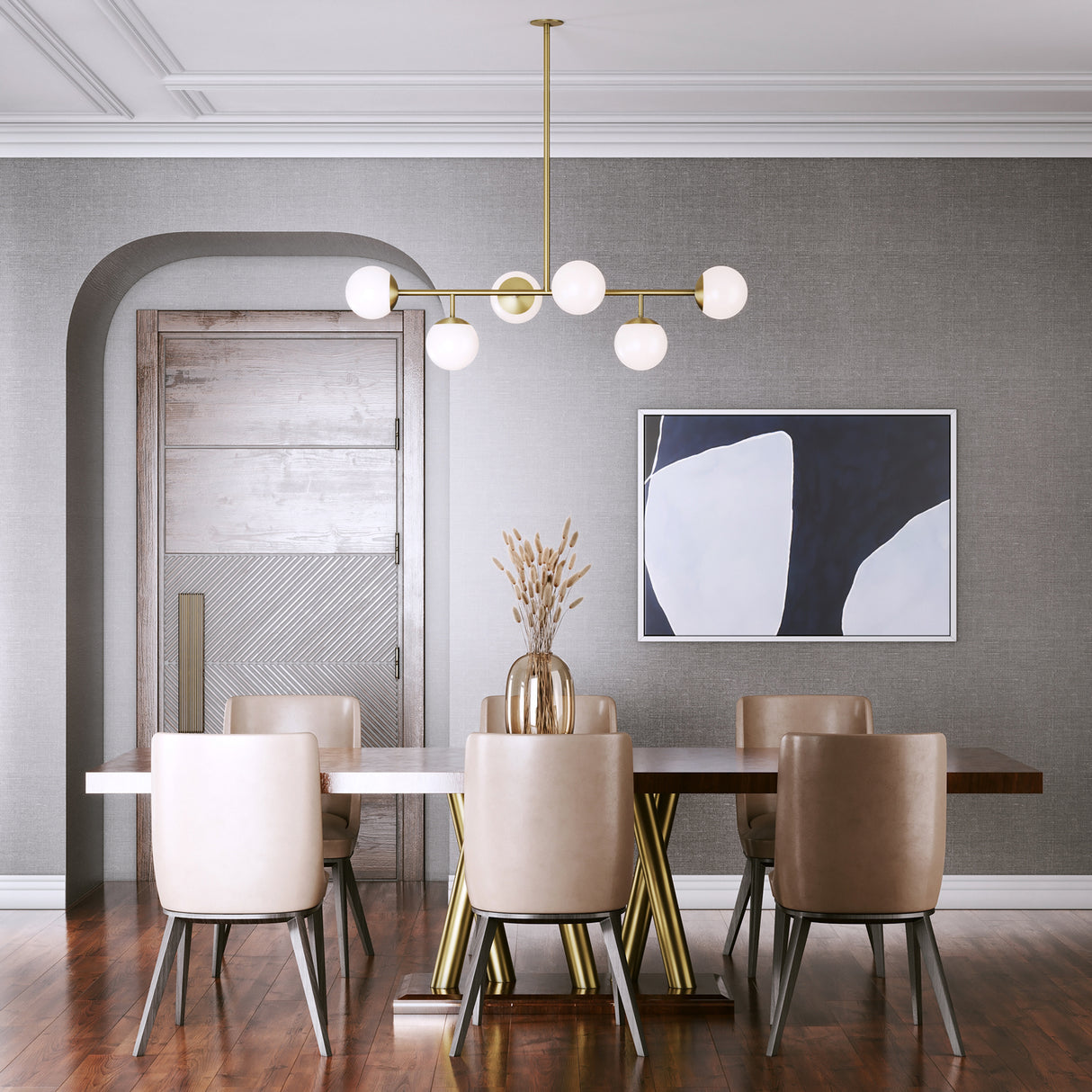 Castell 6 Globe Linear Mid-Century Modern LED Pendant, Aged Brass Finish with Opal White Glass Globes, hung in a contemporary dining room, with grey grasscloth wallpaper, modern art, and beige leather dining chairs.
