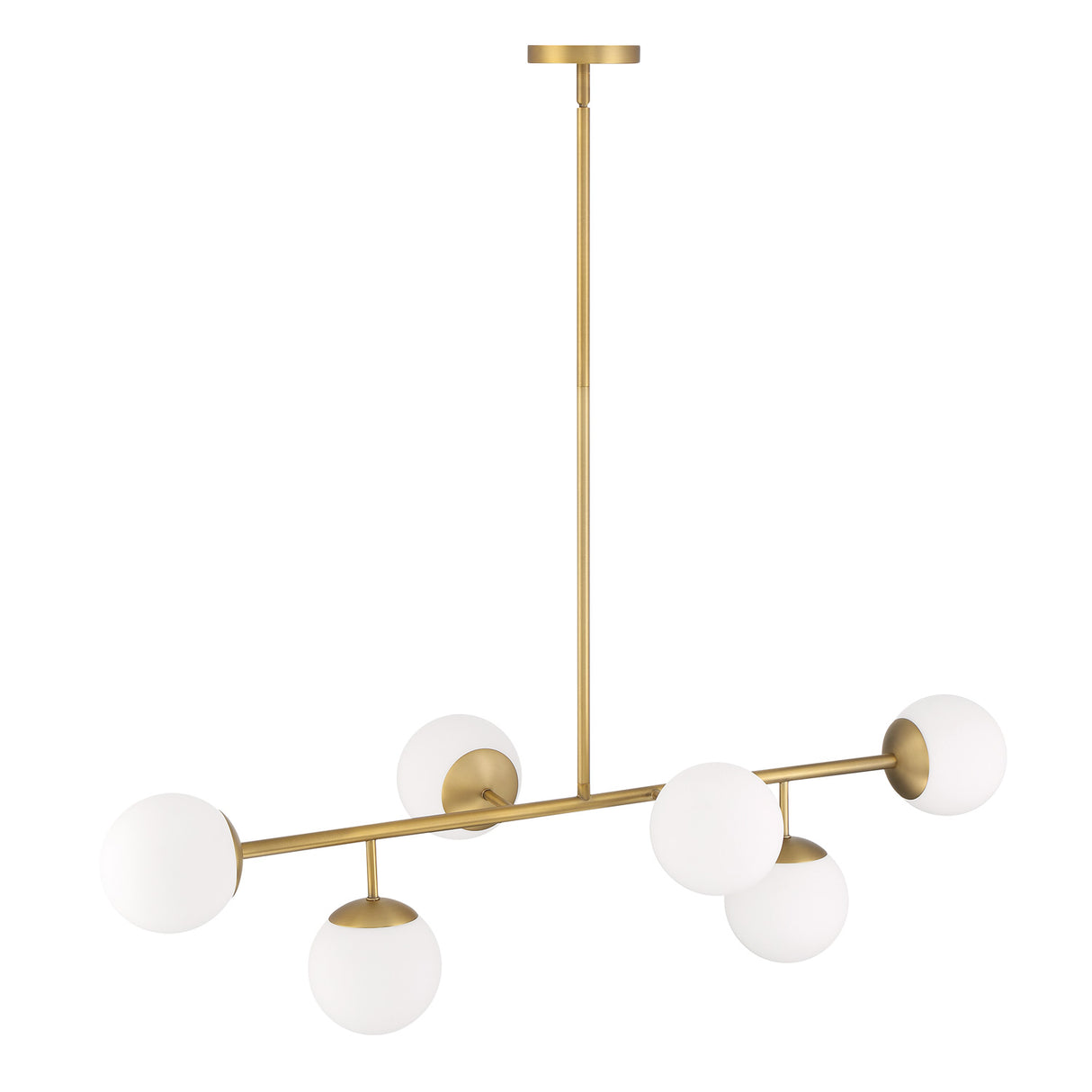 Castell 6 Globe Linear Mid-Century Modern LED Pendant, Aged Brass Finish with Opal White Glass Globes, three-quarter view lights off