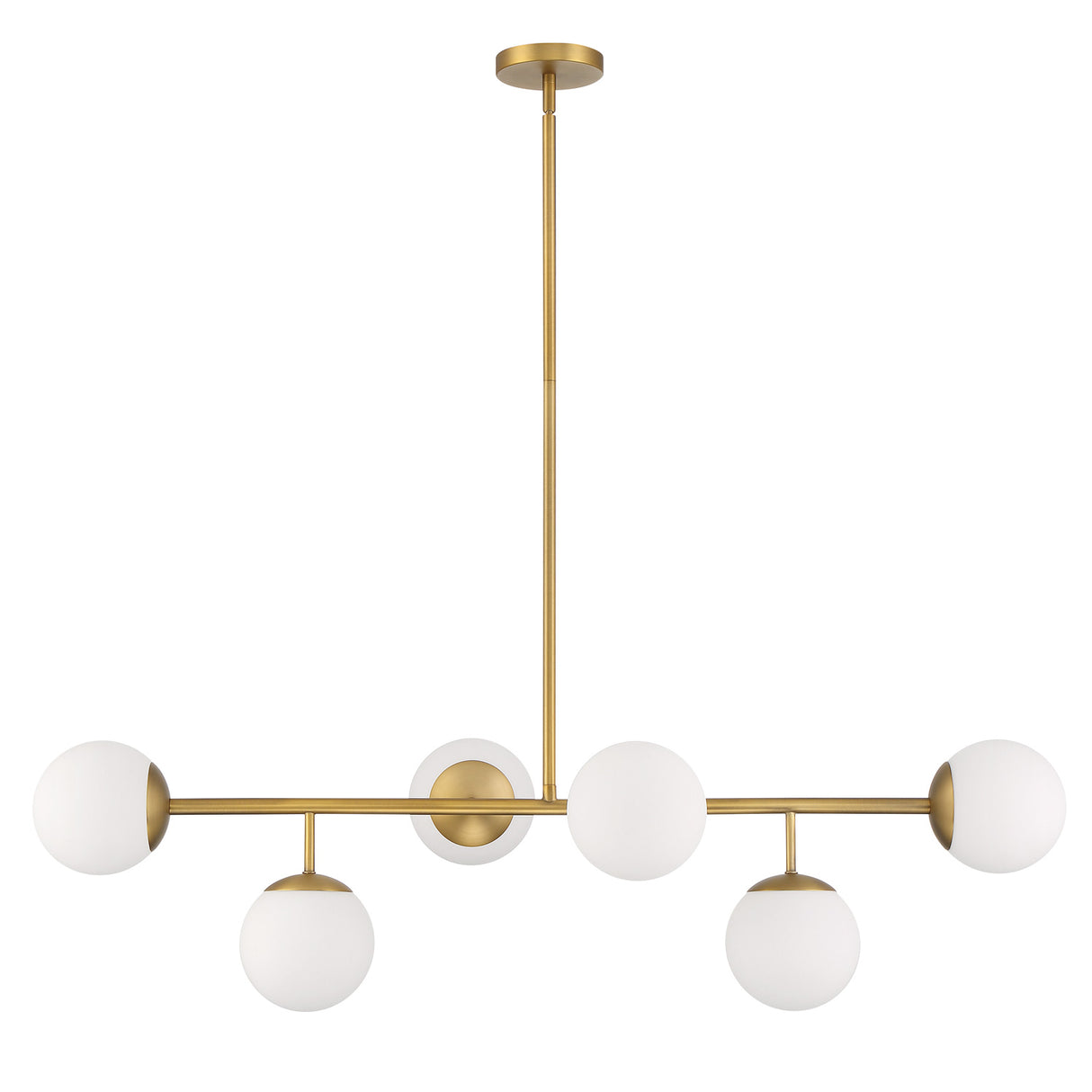 Castell 6 Globe Linear Mid-Century Modern LED Pendant, Aged Brass Finish with Opal White Glass Globes, front view lights off