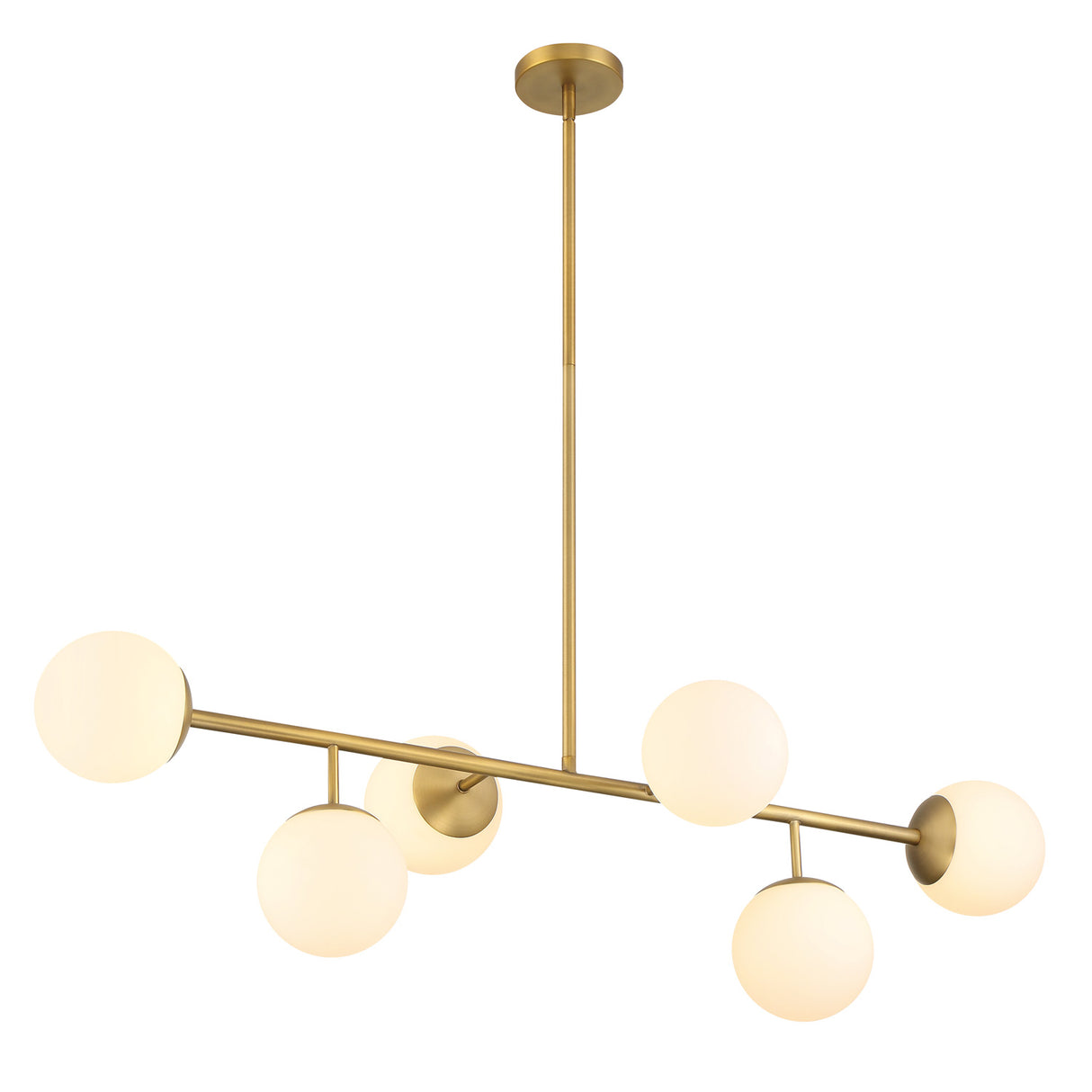 Castell 6 Globe Linear Mid-Century Modern LED Pendant, Aged Brass Finish with Opal White Glass Globes, three-quarter view lights on