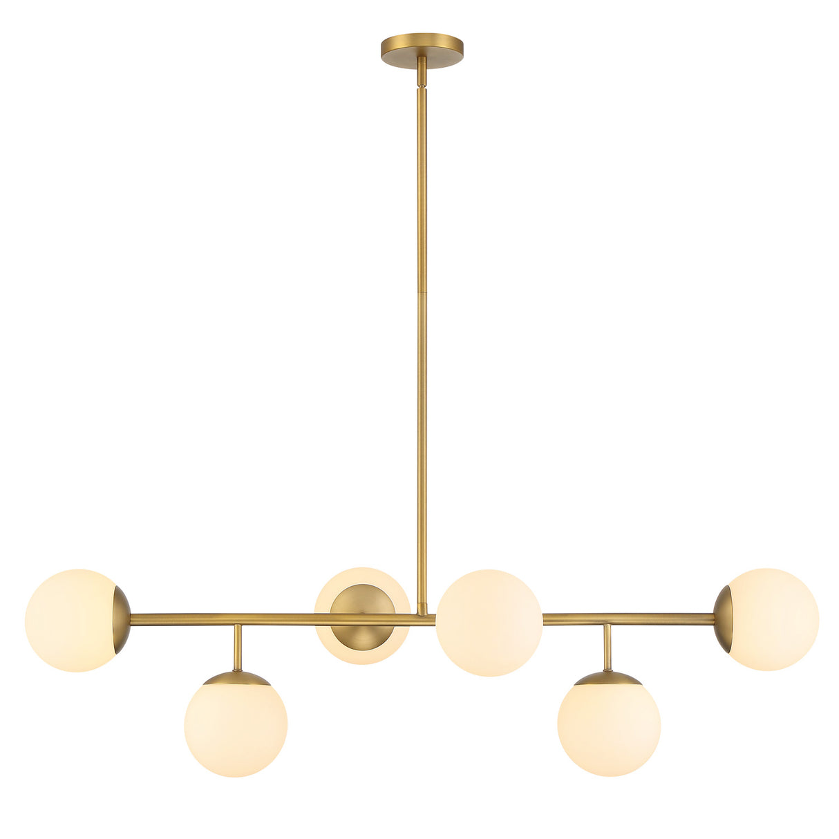 Castell 6 Globe Linear Mid-Century Modern LED Pendant, Aged Brass Finish with Opal White Glass Globes, front view lights on