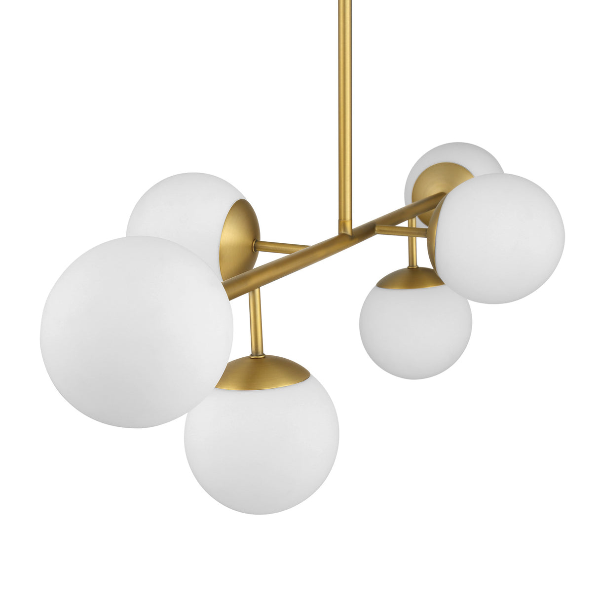Castell 6 Globe Linear Mid-Century Modern LED Pendant, Aged Brass Finish with Opal White Glass Globes, close-up lights off