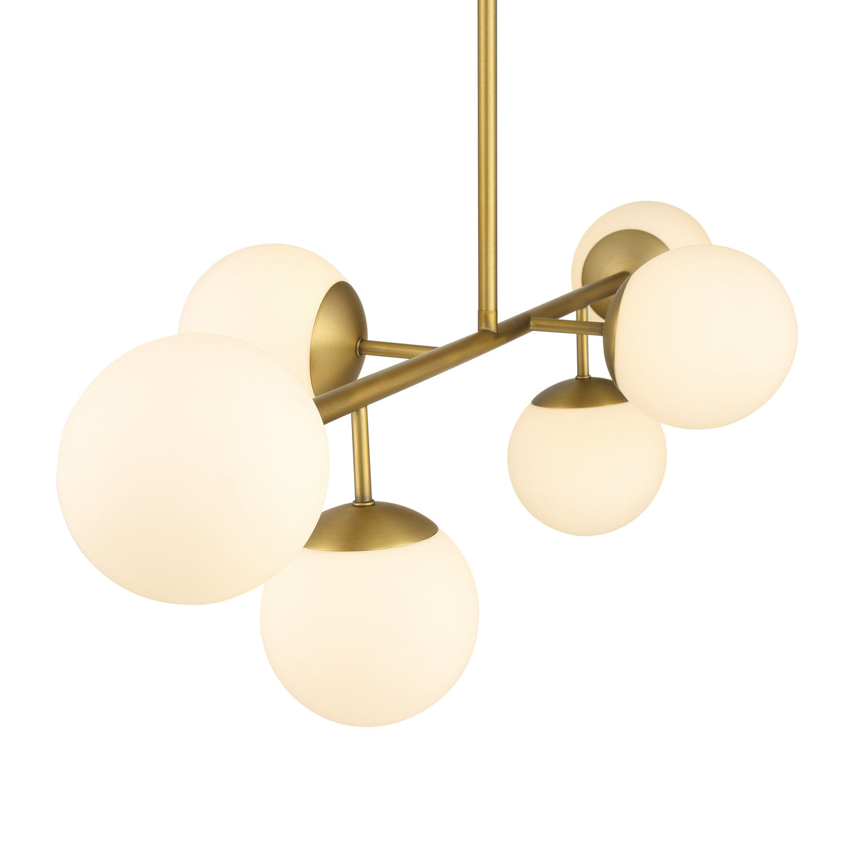 Castell 6 Globe Linear Mid-Century Modern LED Pendant, Aged Brass Finish with Opal White Glass Globes,close-up lights on