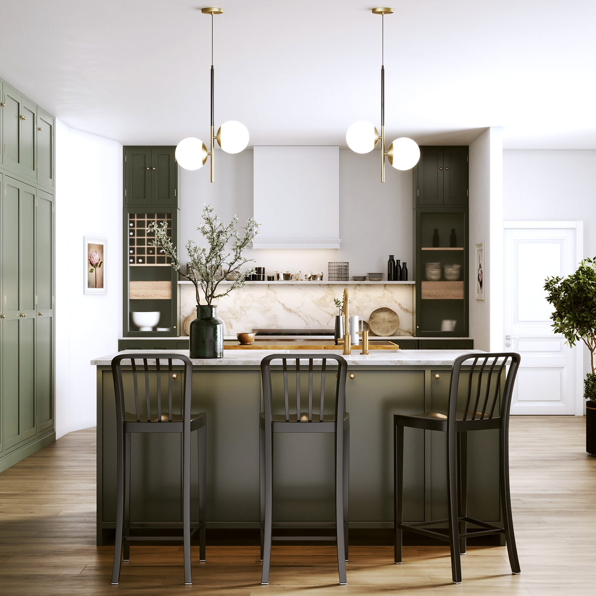 Castell 2 Globe Pendant 15.5", Matte Black and Aged Brass