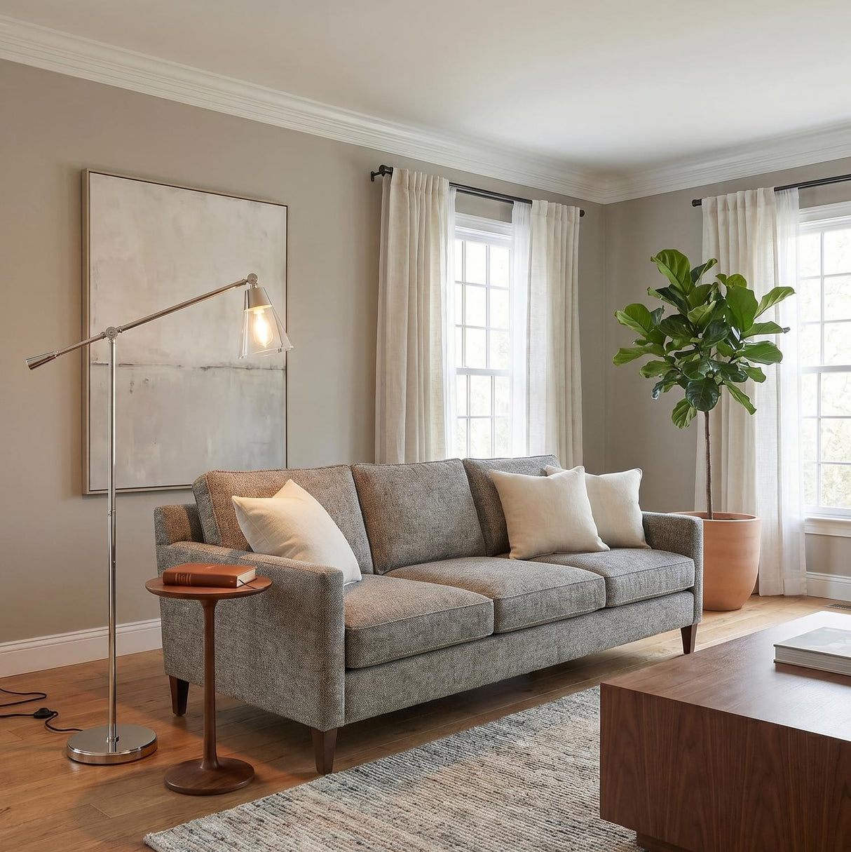A transitional living room featuring the Owen Floor Lamp, Polished Nickel with a clear glass shade positioned beside a gray textured sofa and walnut side table.