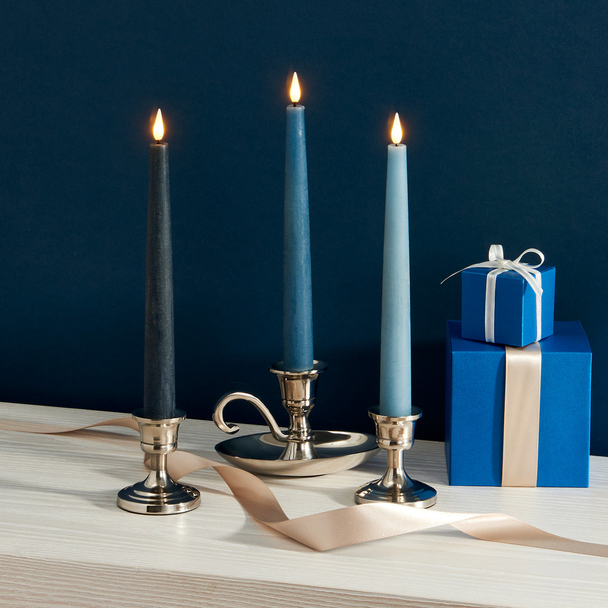 Infinity Wick Gradient Blues, Distressed 9" Taper Candles, Set of 3