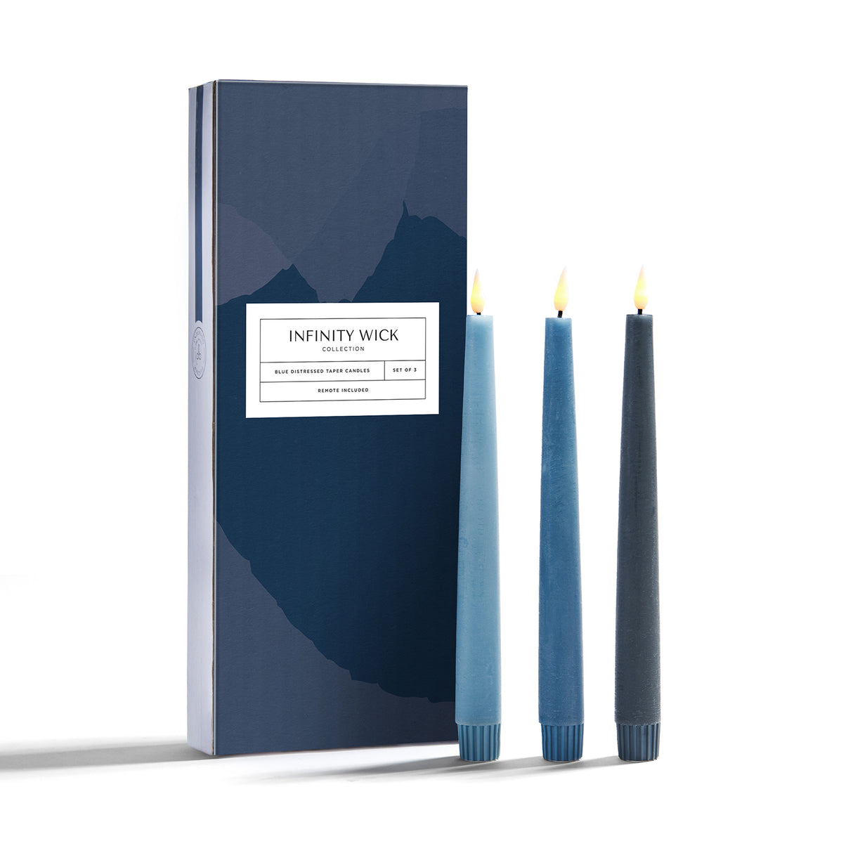 Infinity Wick Gradient Blues, Distressed 9" Taper Candles, Set of 3