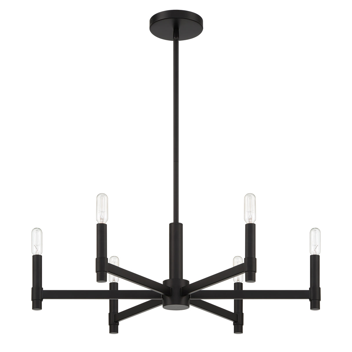 Carson 6 Light 26" Modern Chandelier, Matte Black, front view, bulbs off