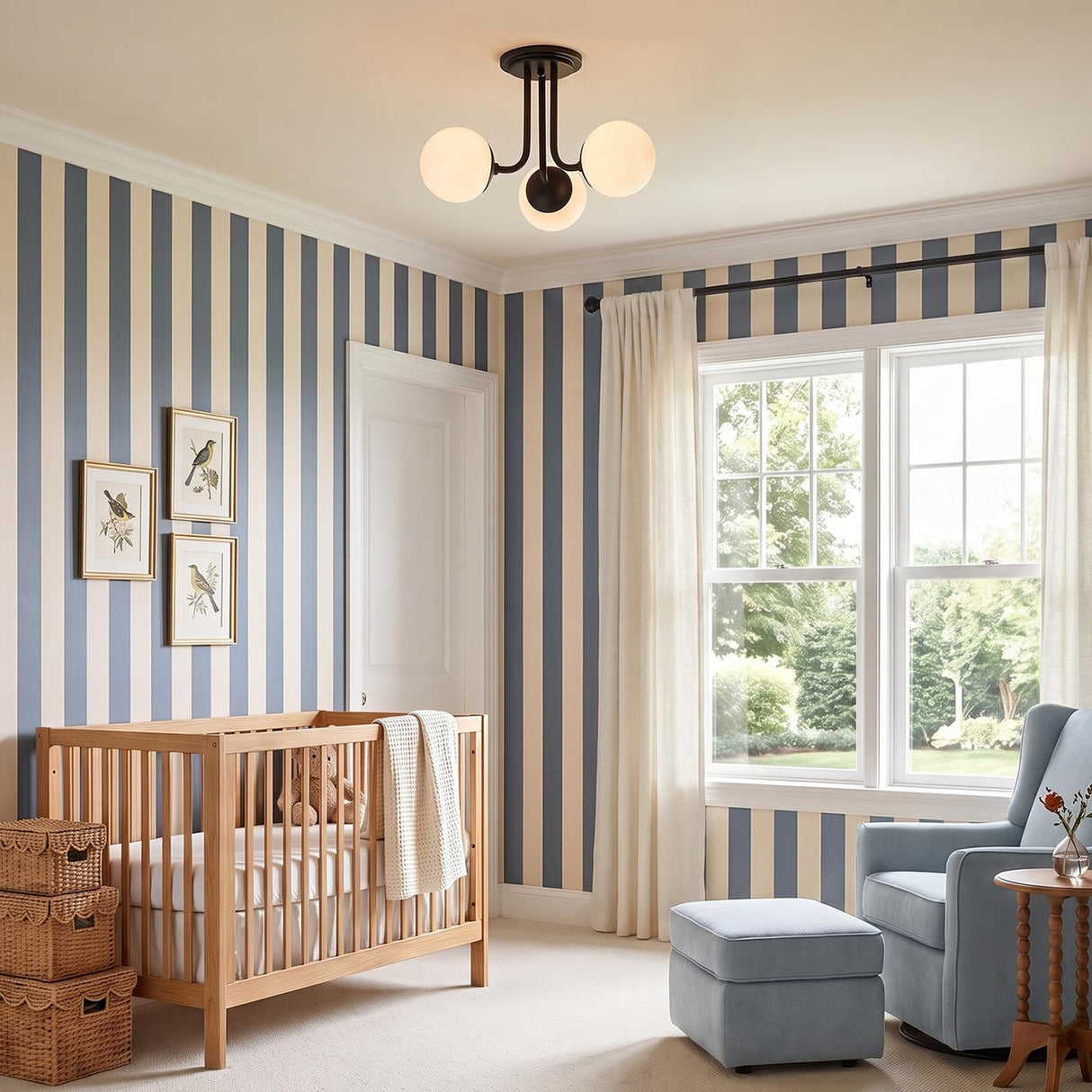 A transitional bedroom featuring the Castell 3 Globe Semi-Flush 20", Matte Black with frosted glass globes centered on the ceiling above a light wood crib.
