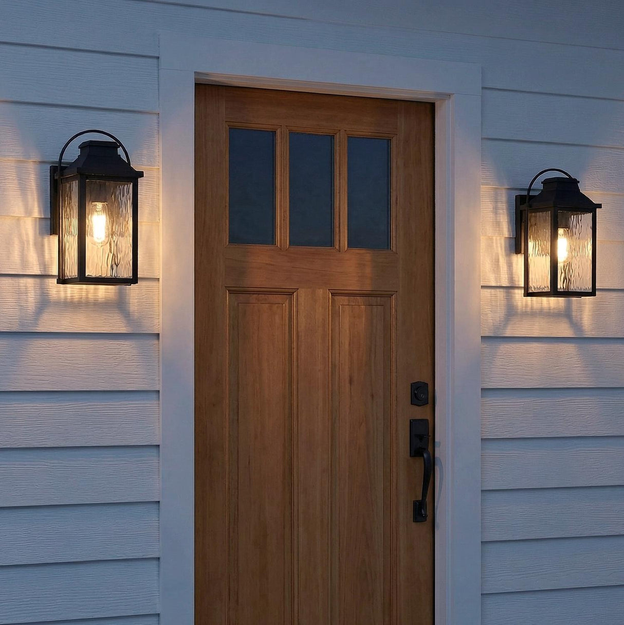 Preston Outdoor Wall Light, Small Matte Black geometric Outdoor Wall in a Craftsman Outdoor with a wooden front door.