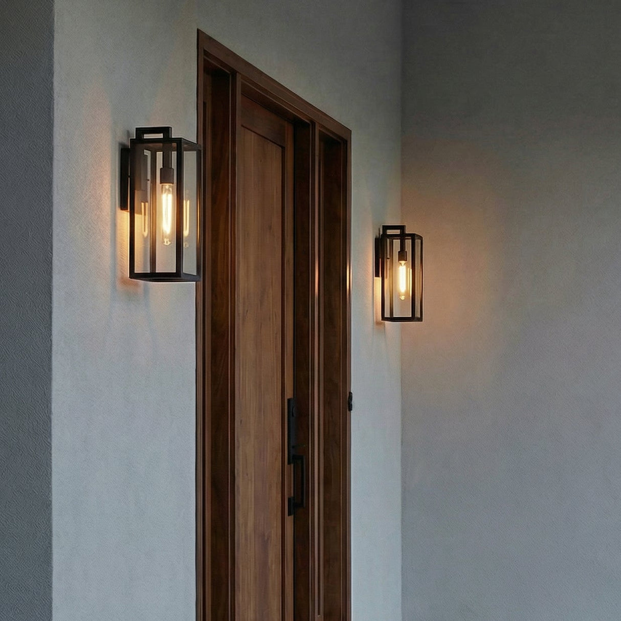 Sam Outdoor Wall Light, Medium 18" Matte Black geometric Outdoor Wall in a Modern Farmhouse Entryway with a wood door and slate floor.