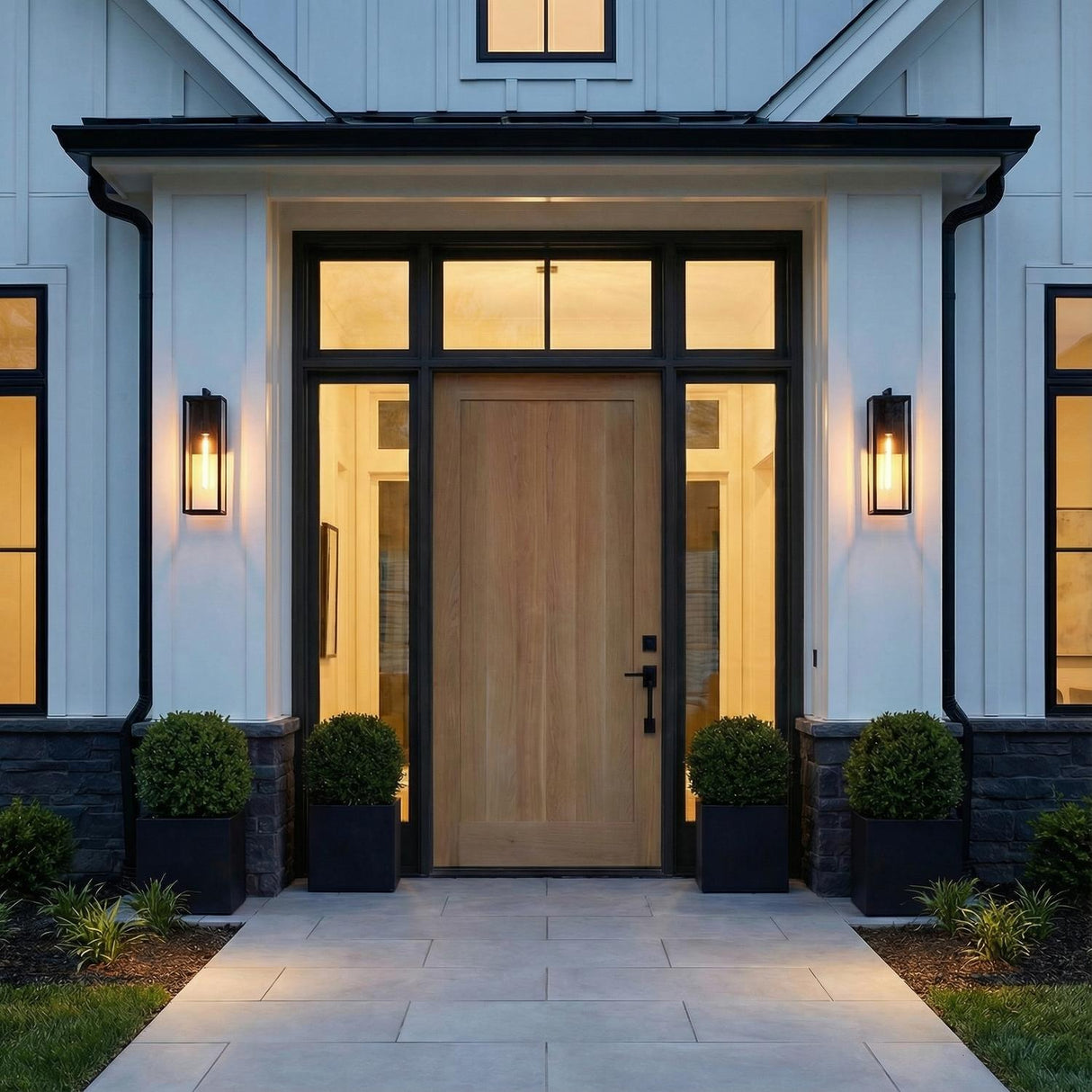 Sam Outdoor Wall Light, Large 24" Matte Black geometric Outdoor Wall in a Modern Farmhouse Outdoor with a light wood door.