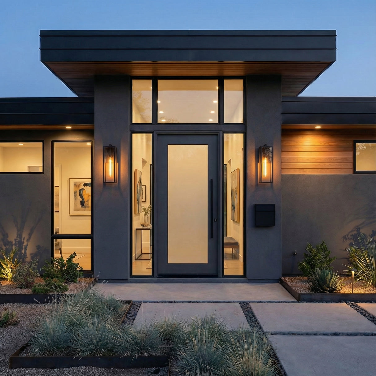 Large 24" Matte Black linear Outdoor Wall light in a Modern Outdoor with dark stucco walls & modern landscaping.