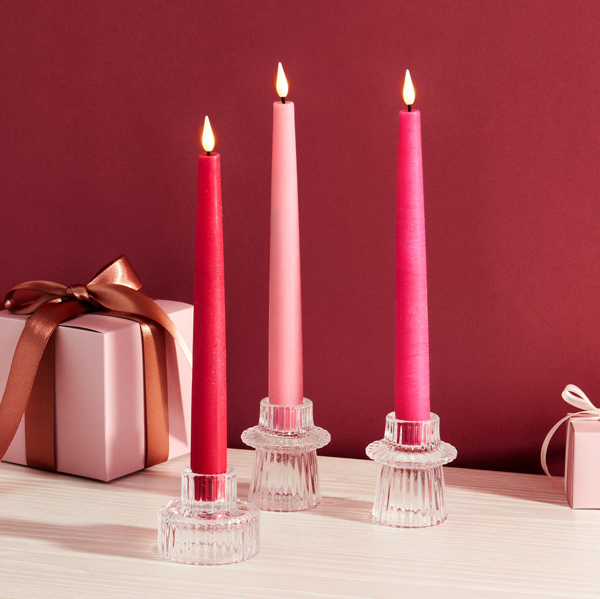 Infinity Wick Gradient Pinks Distressed 9" Taper Candles, Set of 3