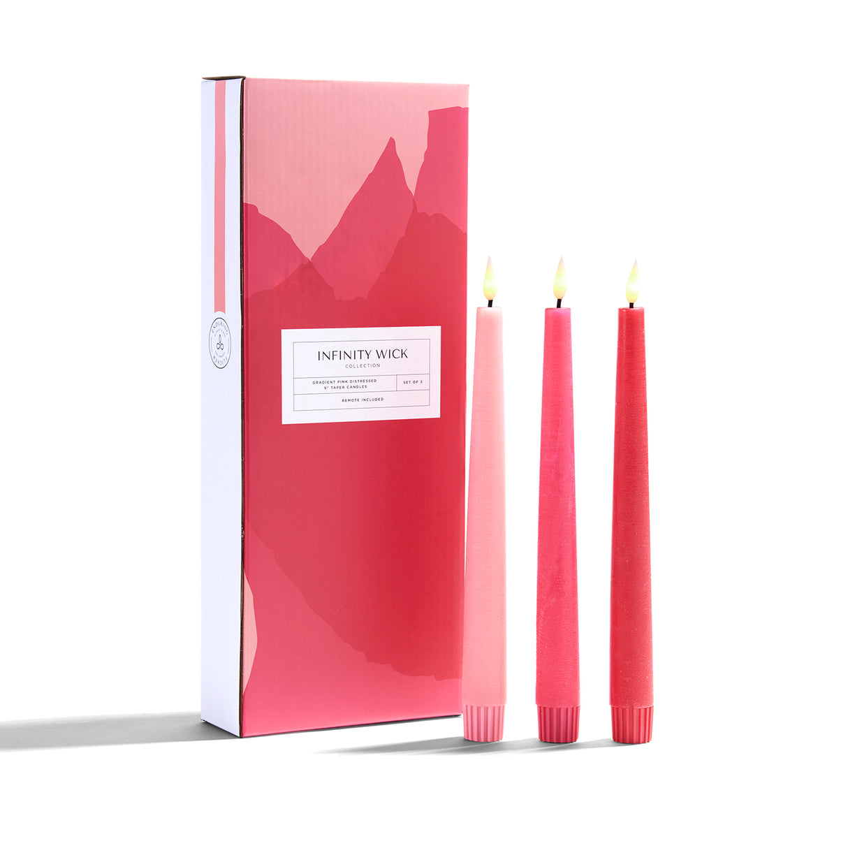 Infinity Wick Gradient Pinks Distressed 9" Taper Candles, Set of 3