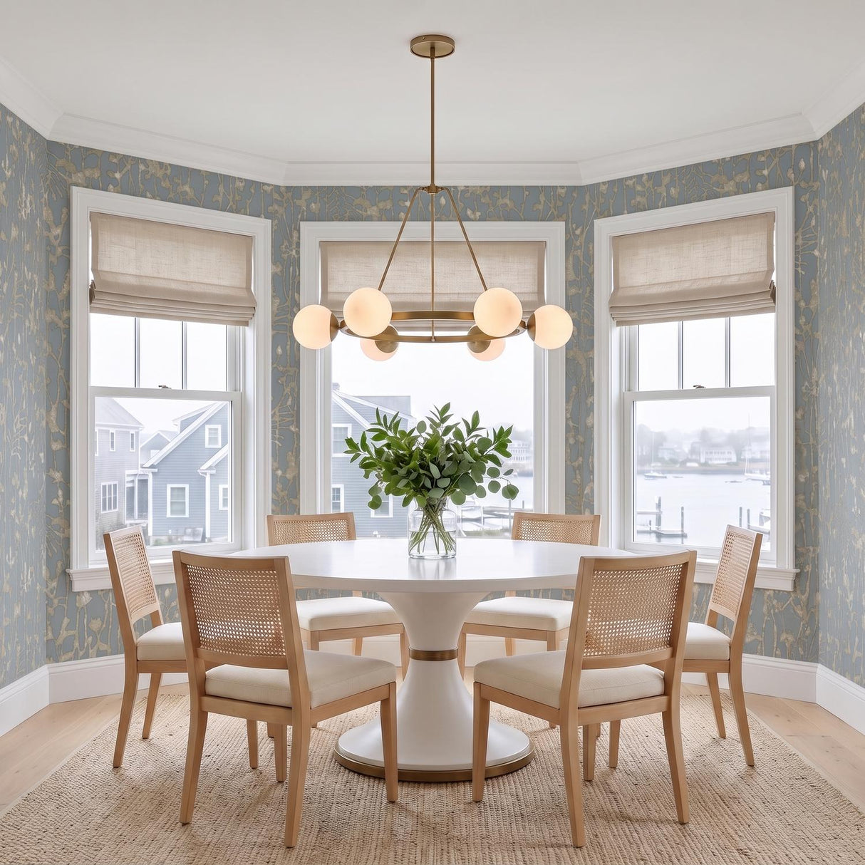 A coastal dining room featuring the Castell 6 Globe Round Chandelier 36 in Aged Brass over a white pedestal table with woven rattan chairs and blue wallpaper.