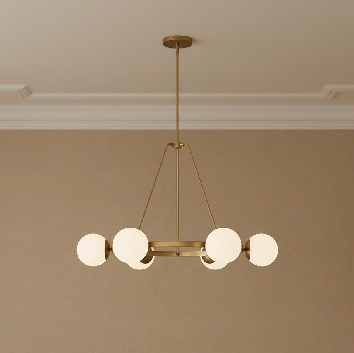Castell 6 Globe Round Chandelier 36" for Modern home with Beige Walls