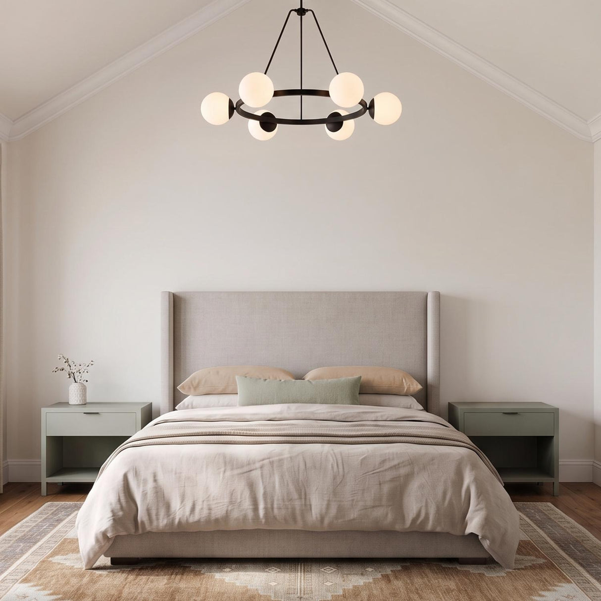 A modern bedroom featuring the Castell 6 Globe Round Chandelier 36", Matte Black centered above a beige upholstered bed under a vaulted ceiling.