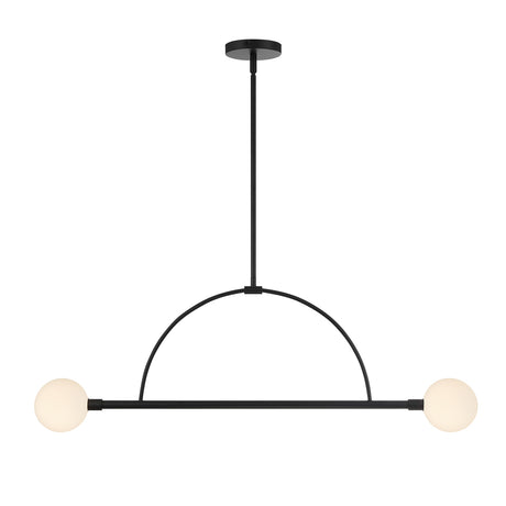 Milo 2 Globe Linear Arc LED Pendant, Matte Black with white opal glass, front view