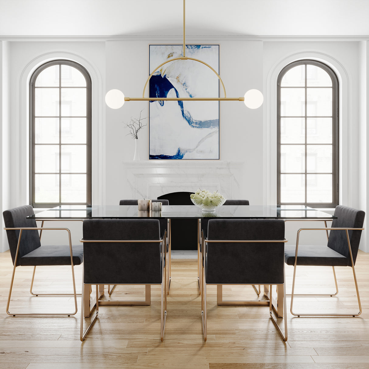Milo 2 Globe Linear Arc LED Pendant, Aged Brass with white opal glass, in a contemporary dining room with a long glass topped table, eight modern velvet dining chairs, with dark blue modern art on the wall