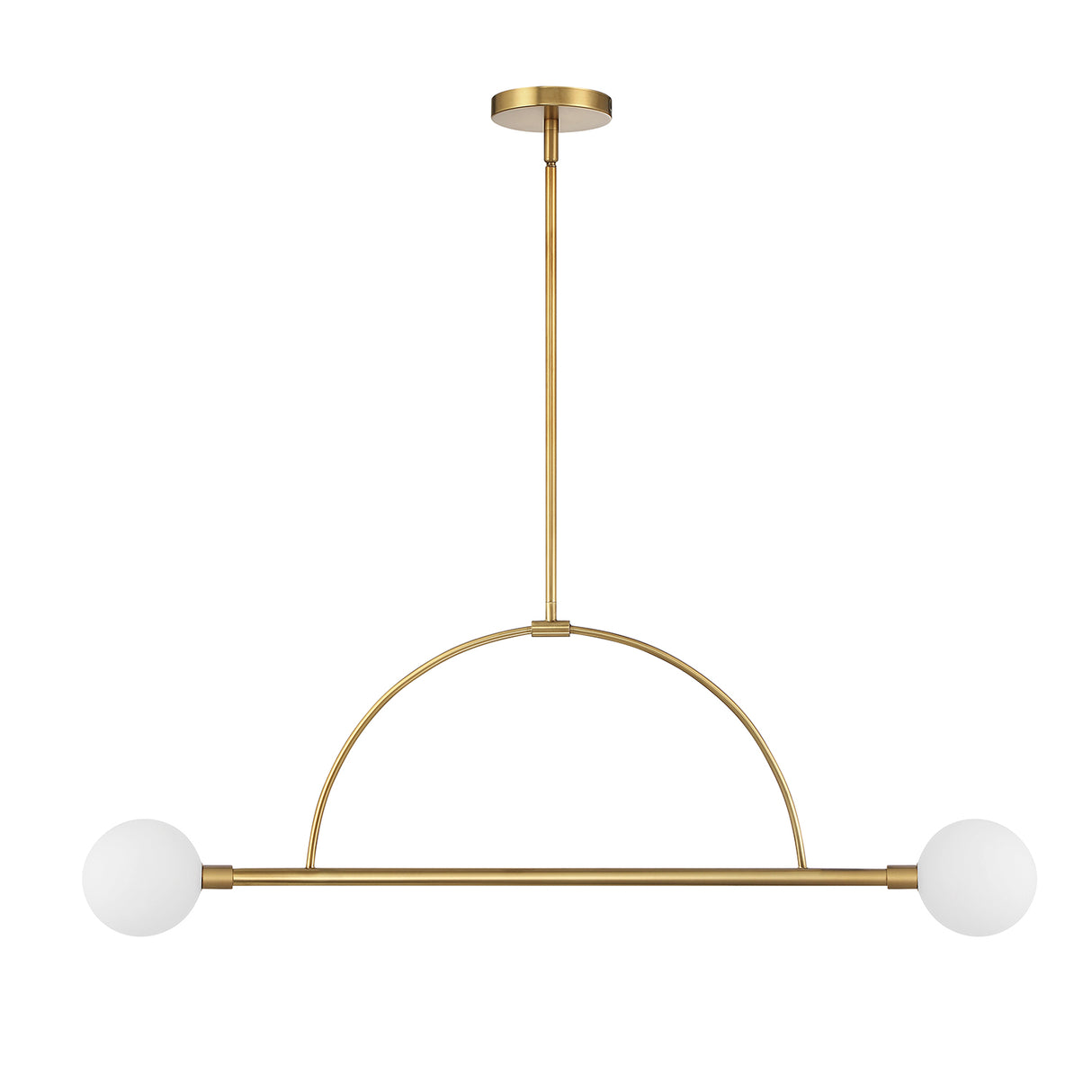 Milo 2 Globe Linear Arc LED Pendant, Aged Brass with white opal glass, front view lights off