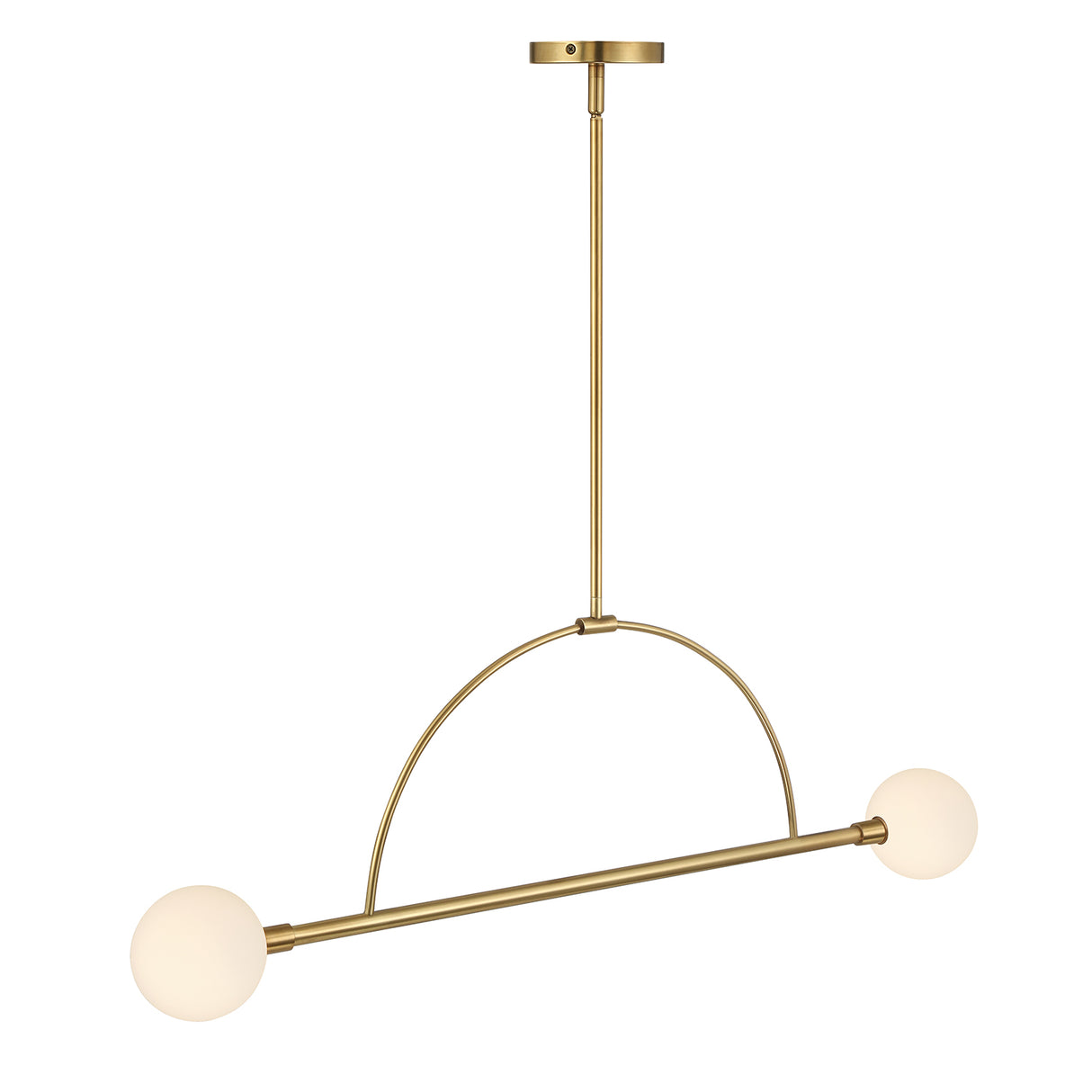 Milo 2 Globe Linear Arc LED Pendant, Aged Brass with white opal glass, three quarter view
