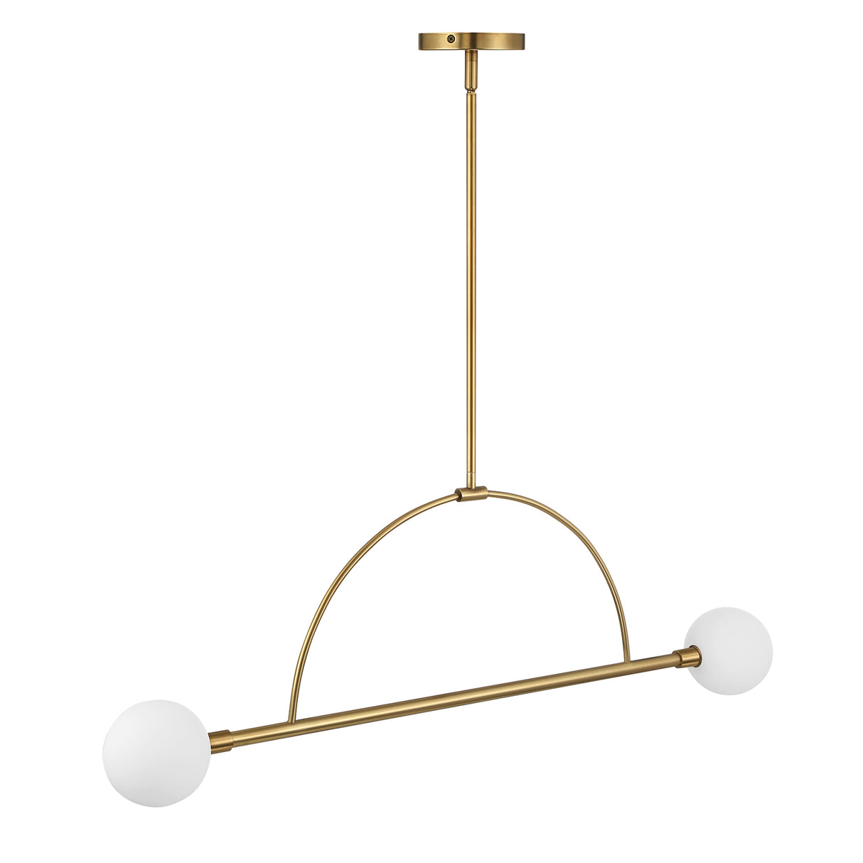 Milo 2 Globe Linear Arc LED Pendant, Aged Brass with white opal glass, three quarter view lights off