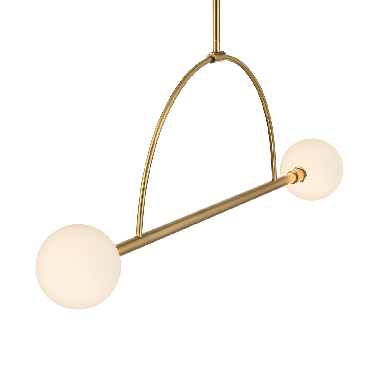 Milo 2 Globe Linear Arc LED Pendant, Aged Brass with white opal glass, three quarter view close-up