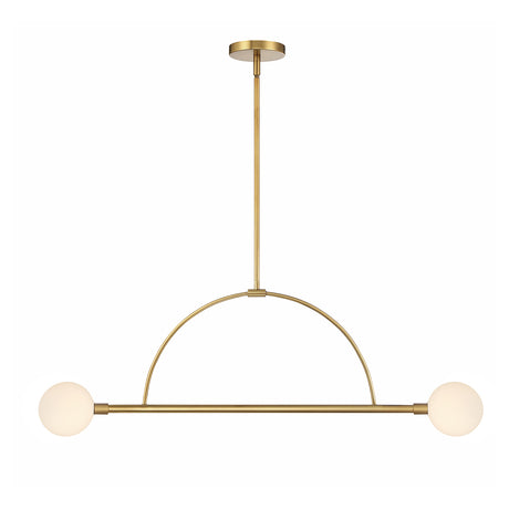 Milo 2 Globe Linear Arc LED Pendant, Aged Brass with white opal glass, front view