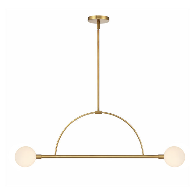 Milo 2 Globe Linear Arc LED Pendant, Aged Brass with white opal glass, front view