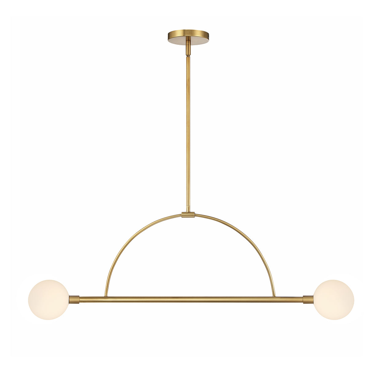 Milo 2 Globe Linear Arc LED Pendant, Aged Brass with white opal glass, front view