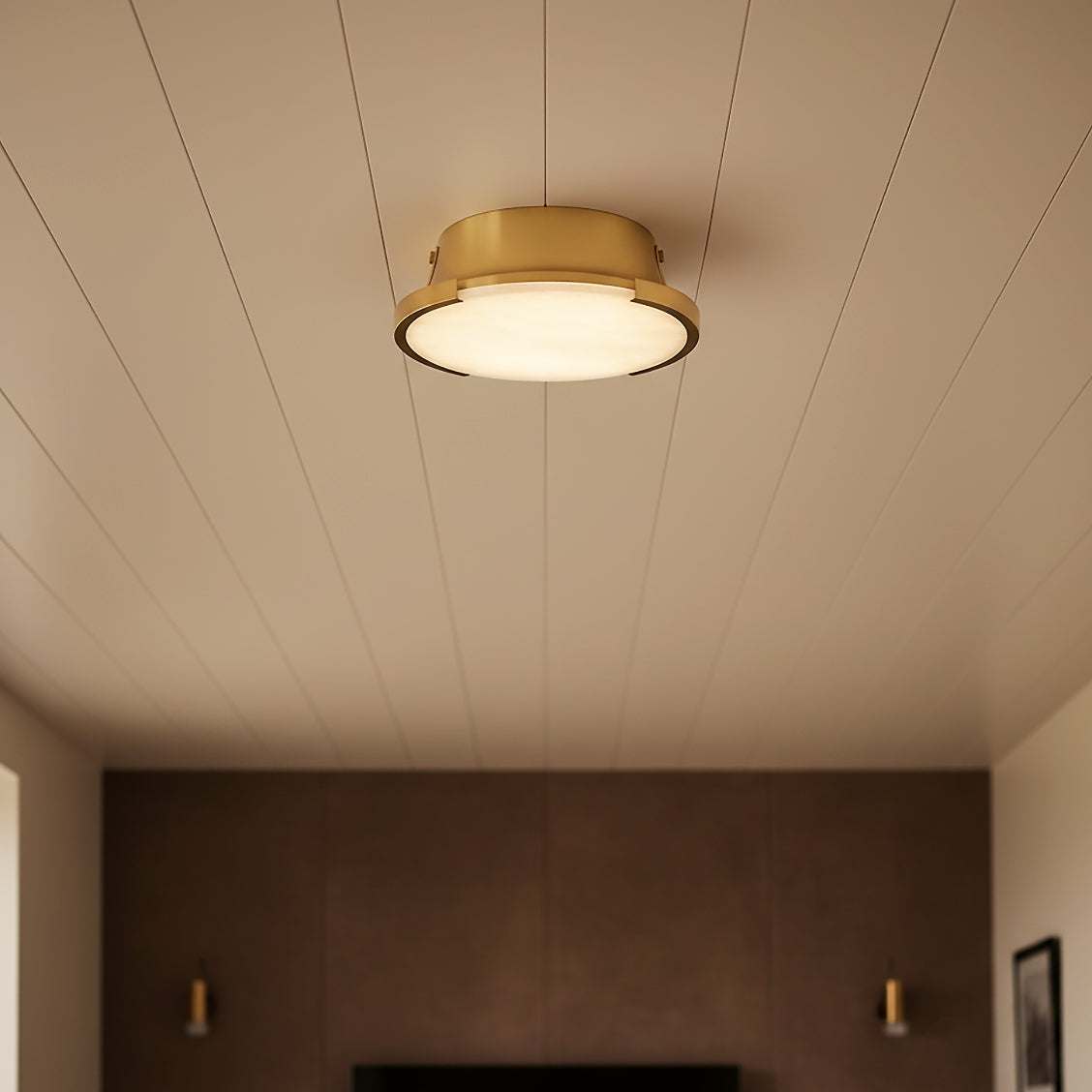 Joni LED Alabaster Flush Mount 14" for Modern Farmhouse home with White Shiplap