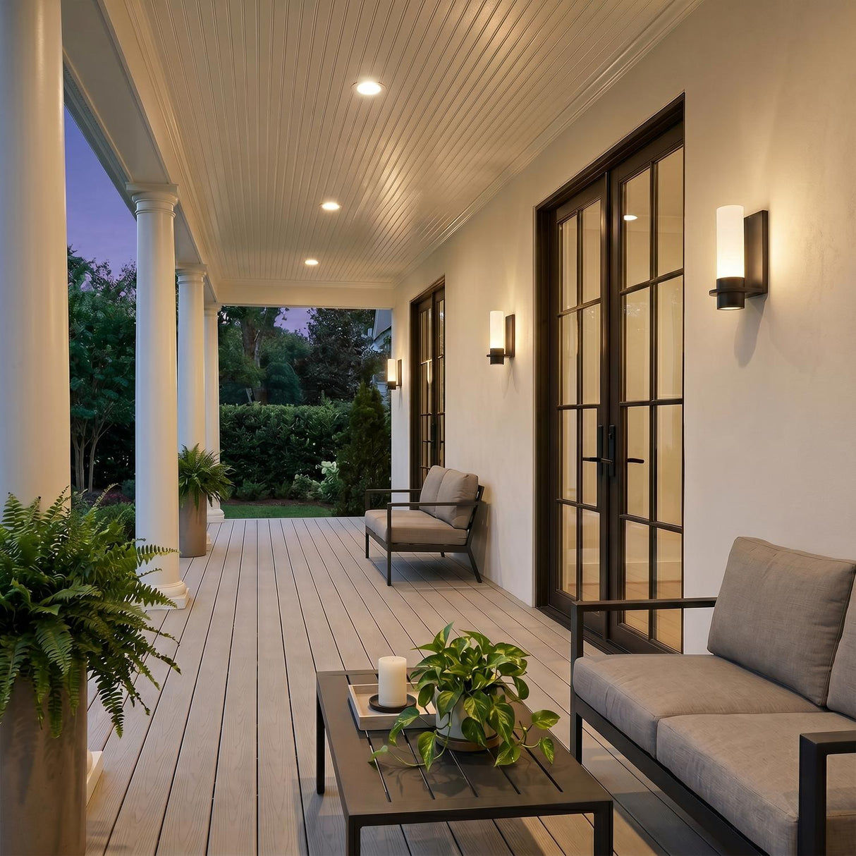 A Colonial porch with Luna LED Outdoor Wall Sconce fixtures in matte black flanking glass doors on white stucco at twilight, featuring gray decking and ferns.
