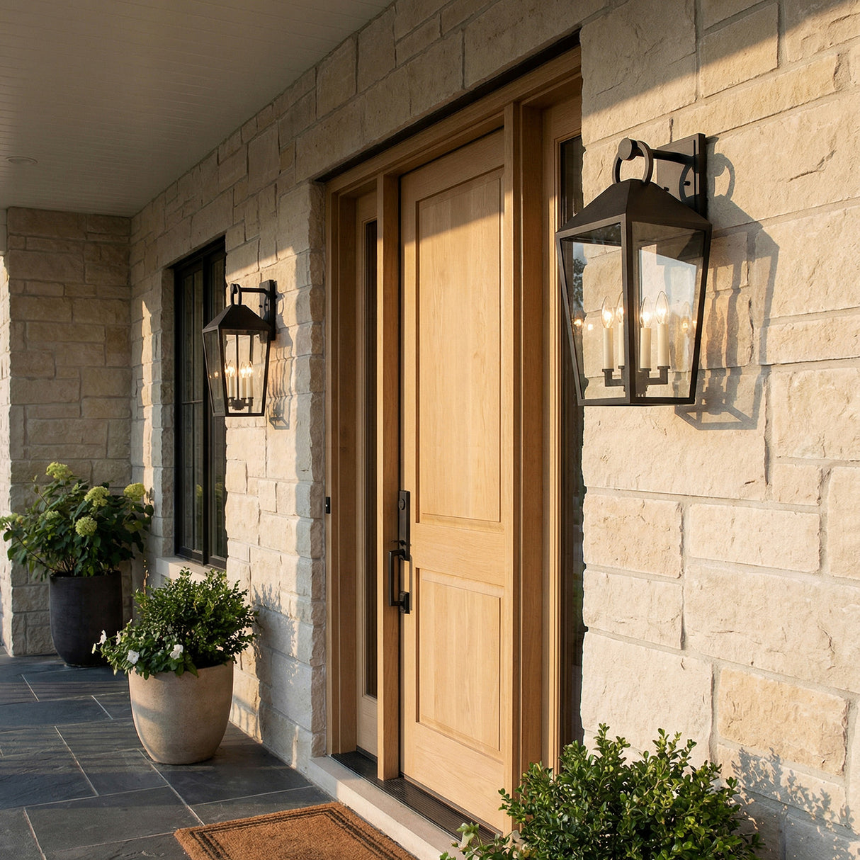 Cole Outdoor Wall Light, Large 21.5" Black geometric Outdoor Wall in a Transitional Outdoor with natural wood door and light stone wall.