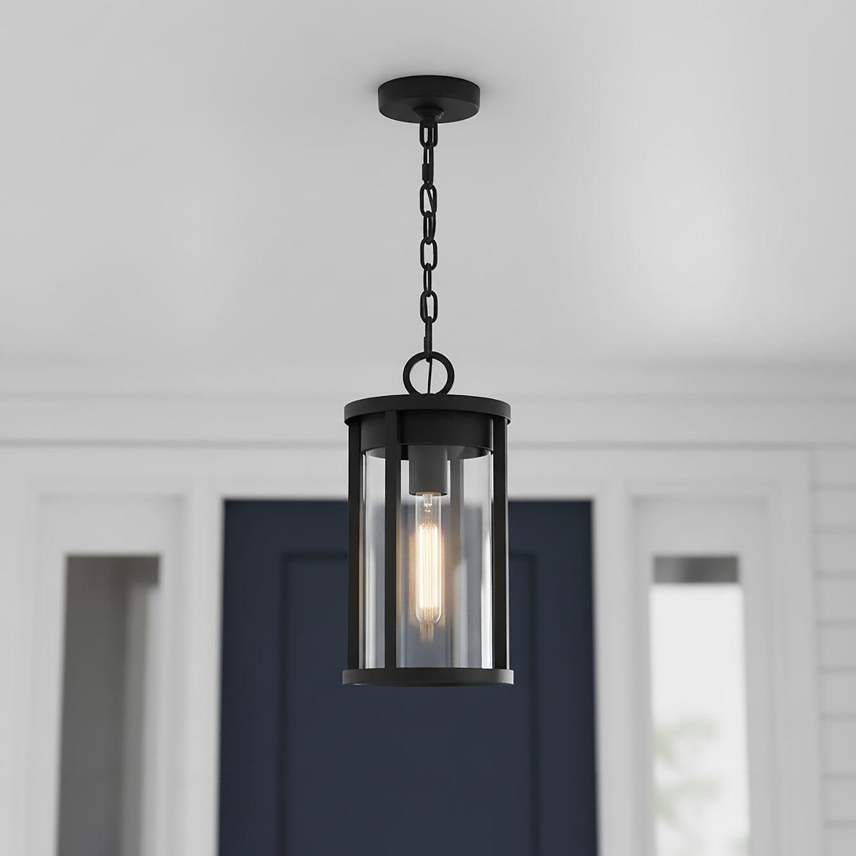 Cyrus Outdoor Hanging Light for Modern Farmhouse home with White Siding