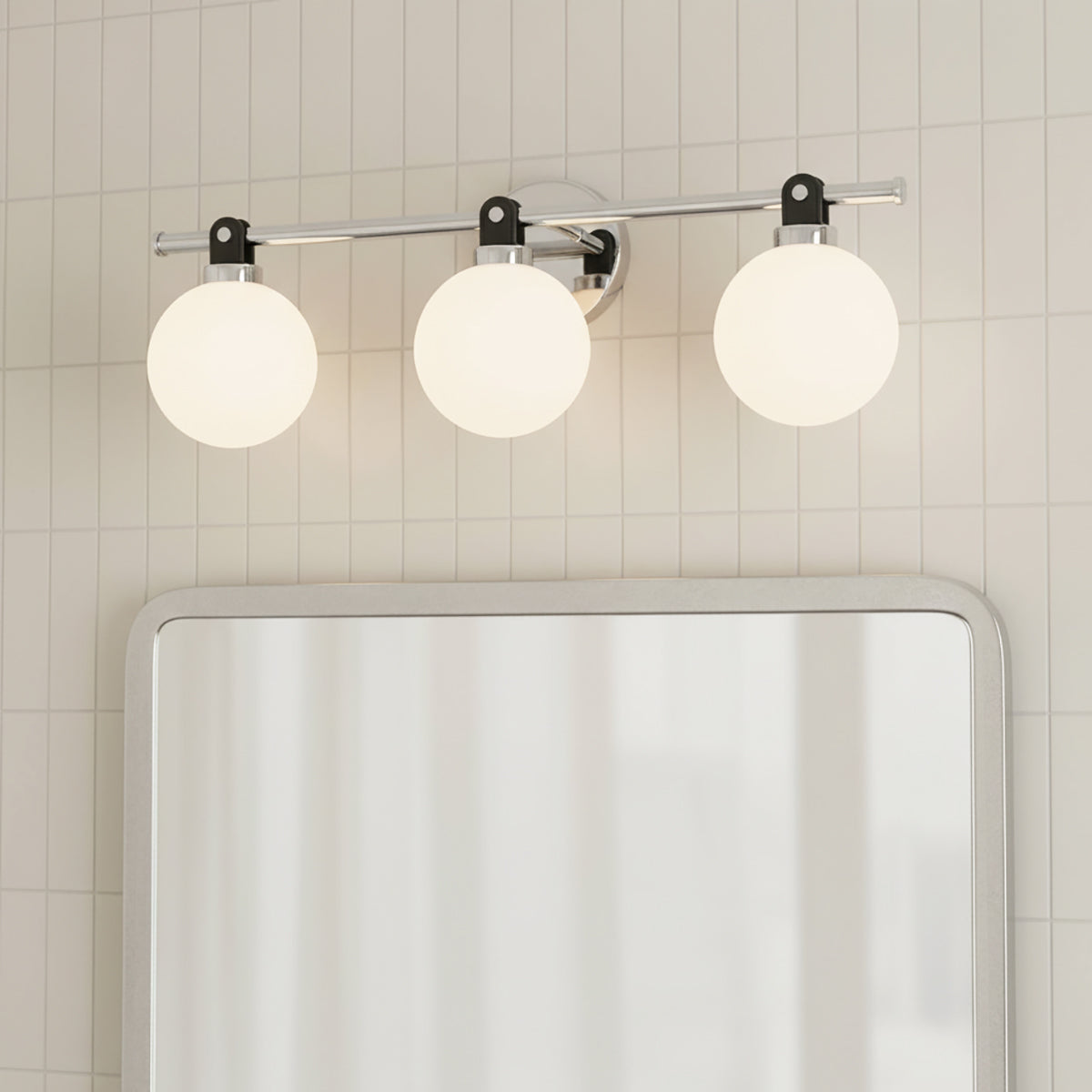 Bryce 3 Globe Vanity, Polished Nickel for Modern home with White Tile