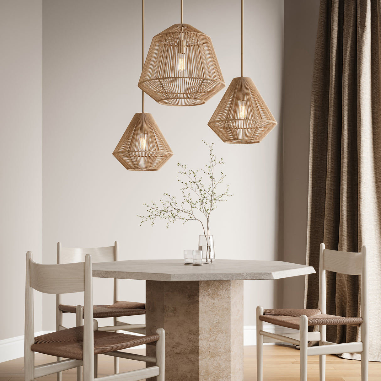 Farrah Large Jute Pendant 19", Natural and Aged Brass