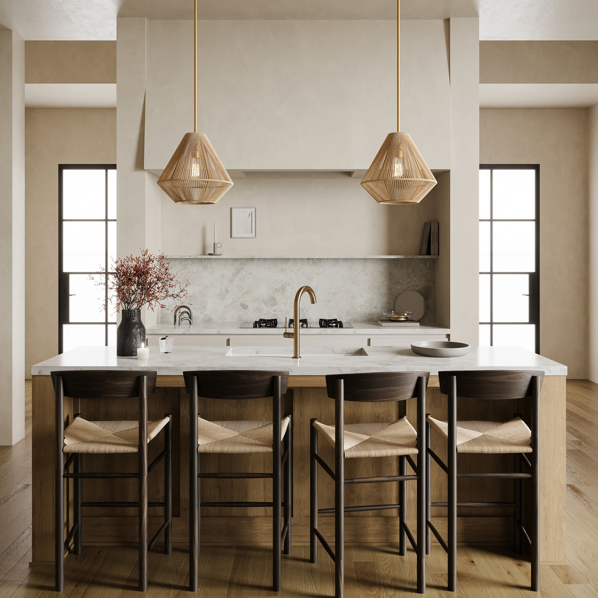 Farrah Small Jute Pendant 14", Natural and Aged Brass